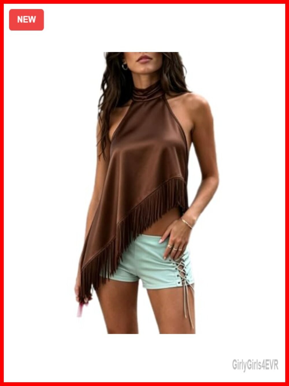 Satin Fringe Halter Top Sleeveless Mock Neck Asymmetrical Tassel Hem Cami Y2k